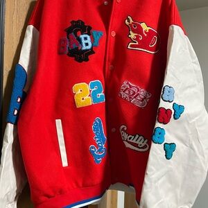 Boohoo Mens Red & White Varsity Patch Jacket
